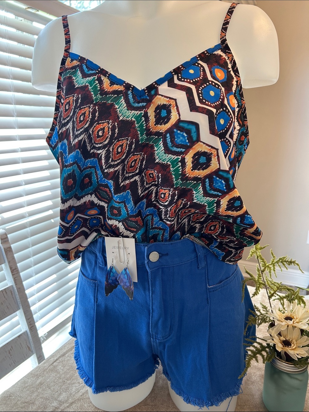 2pc. Multi-Color Spaghetti Strap Top W/ Blue Colored Denim Shorts & Earrings